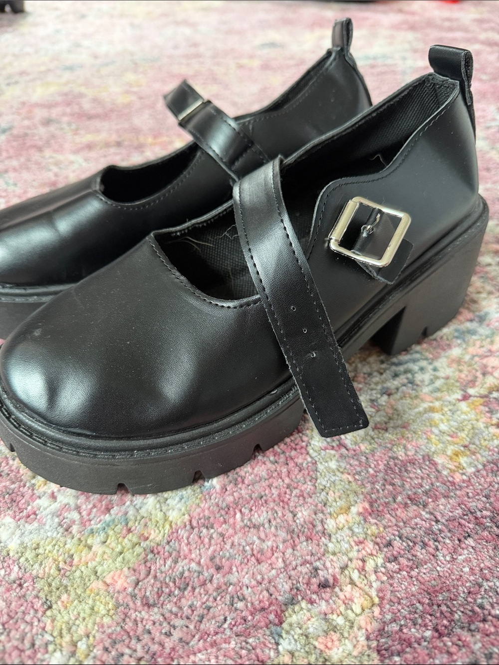 Black Chunky Mary Jane Heels with Buckle Strap